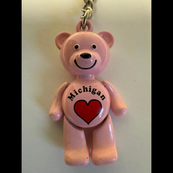 I Love Michigan Keychain Articulated Movable Arms Legs‎ Pink Teddy Bear Souvenir - Picture 1 of 8